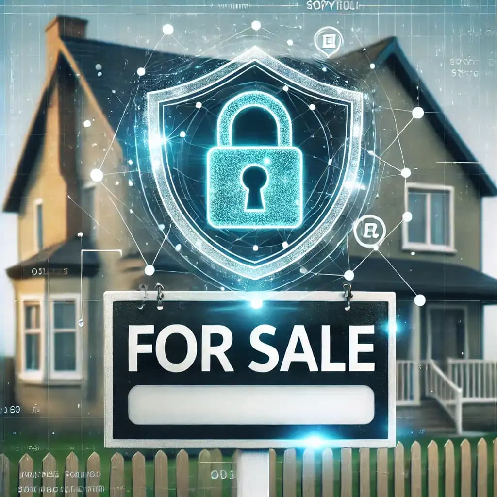 DALL·E 2024-09-04 13.17.44 – A real estate ‘For Sale’ sign with a house in the background, overlaid with a digital shield and lock symbol representing trademark and business name